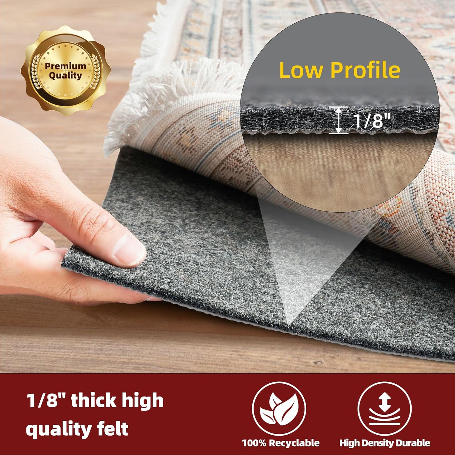 BAGAIL Felt and Natural Rubber Backing Rug Pads 1/8” Thick, 9 x 12 Ft Non Slip Rug Gripper Keep
