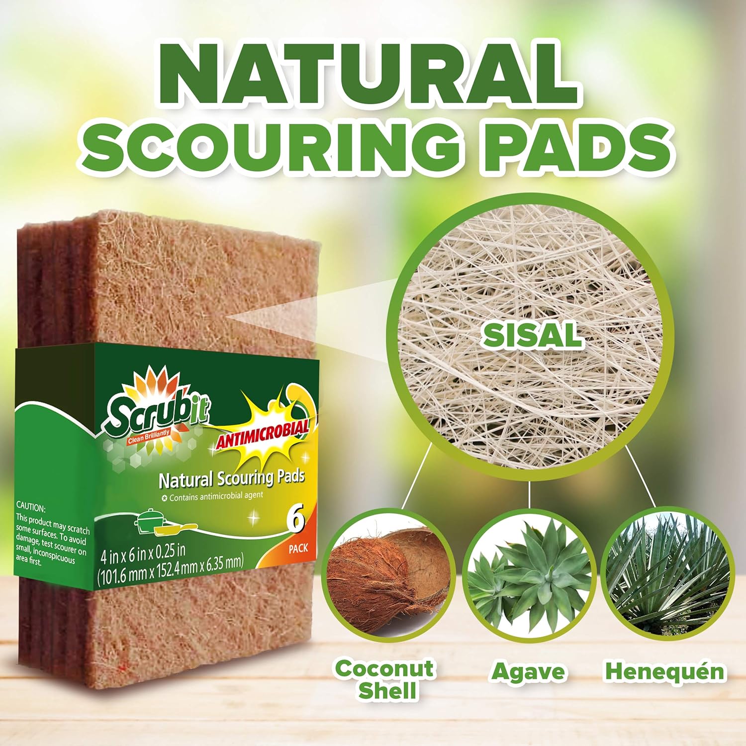 SCRUBIT Natural Scouring Pads (12 Pack) - Eco Friendly Scrubbing Pads for Kitchen Cleaning, Dishes