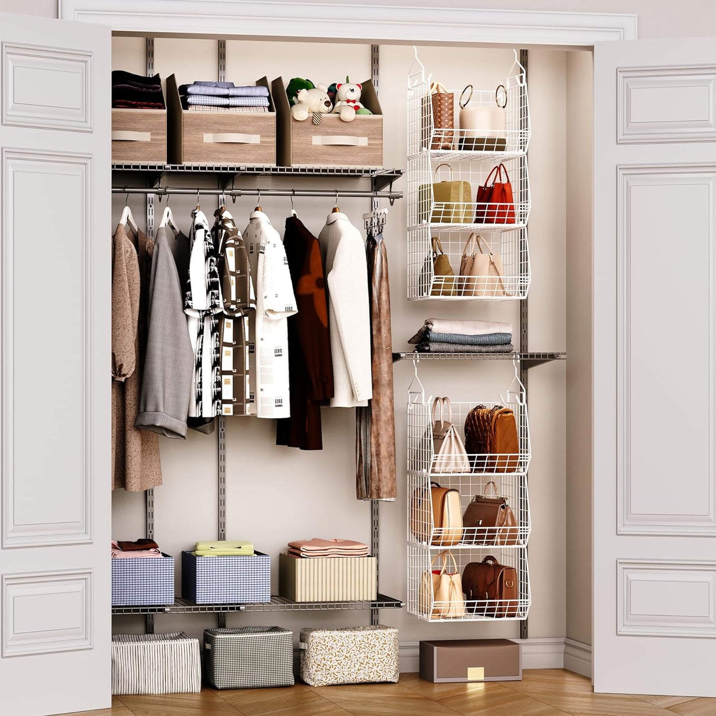 X-cosrack 3 Tier Foldable Closet Organizer, Clothes Shelves with 5 S Hooks, Wall Mount&Cabinet Wire