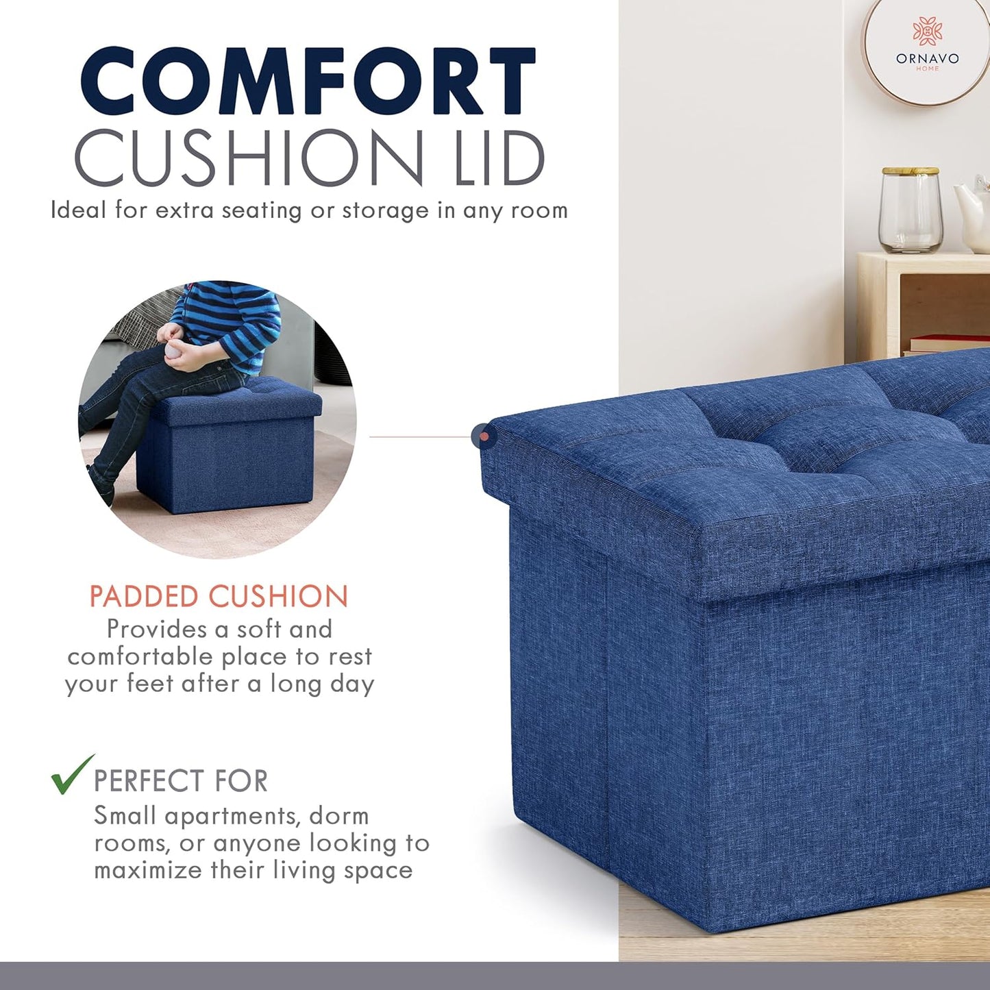 Ornavo Home Small Storage Ottoman Foldable Collapsible Rectangle Linen Ottoman Foot Rest Stool