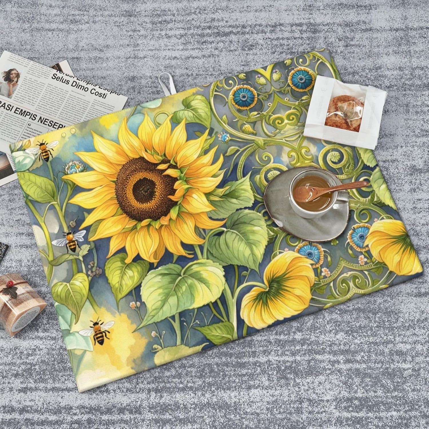 Sunflower Bee Dish Drying Mat Highly Absorbent Double-Sided Microfiber with Hanging Loop Reversible