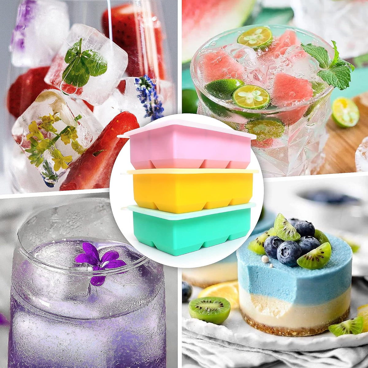 Silicone Ice Cube Trays 3 Pack - Large Size Silicone Ice Cube Molds with Leak Proof Removable Lid