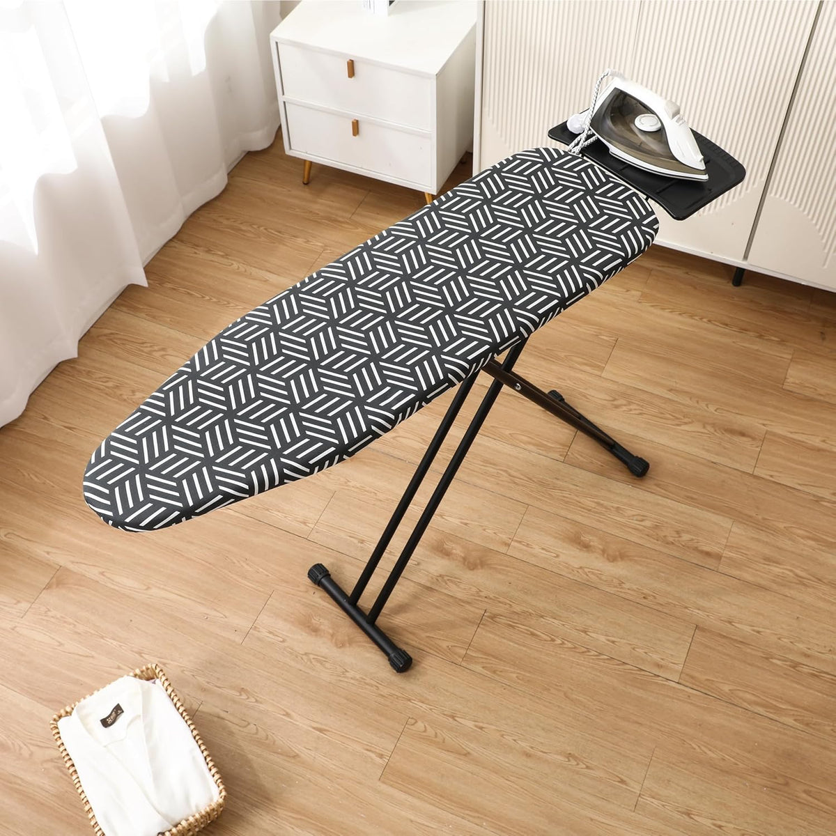 caius Ironing Board with Steam Iron Rest, 43"x13" Extra Thick Padded Cover, Compact and Space Saver