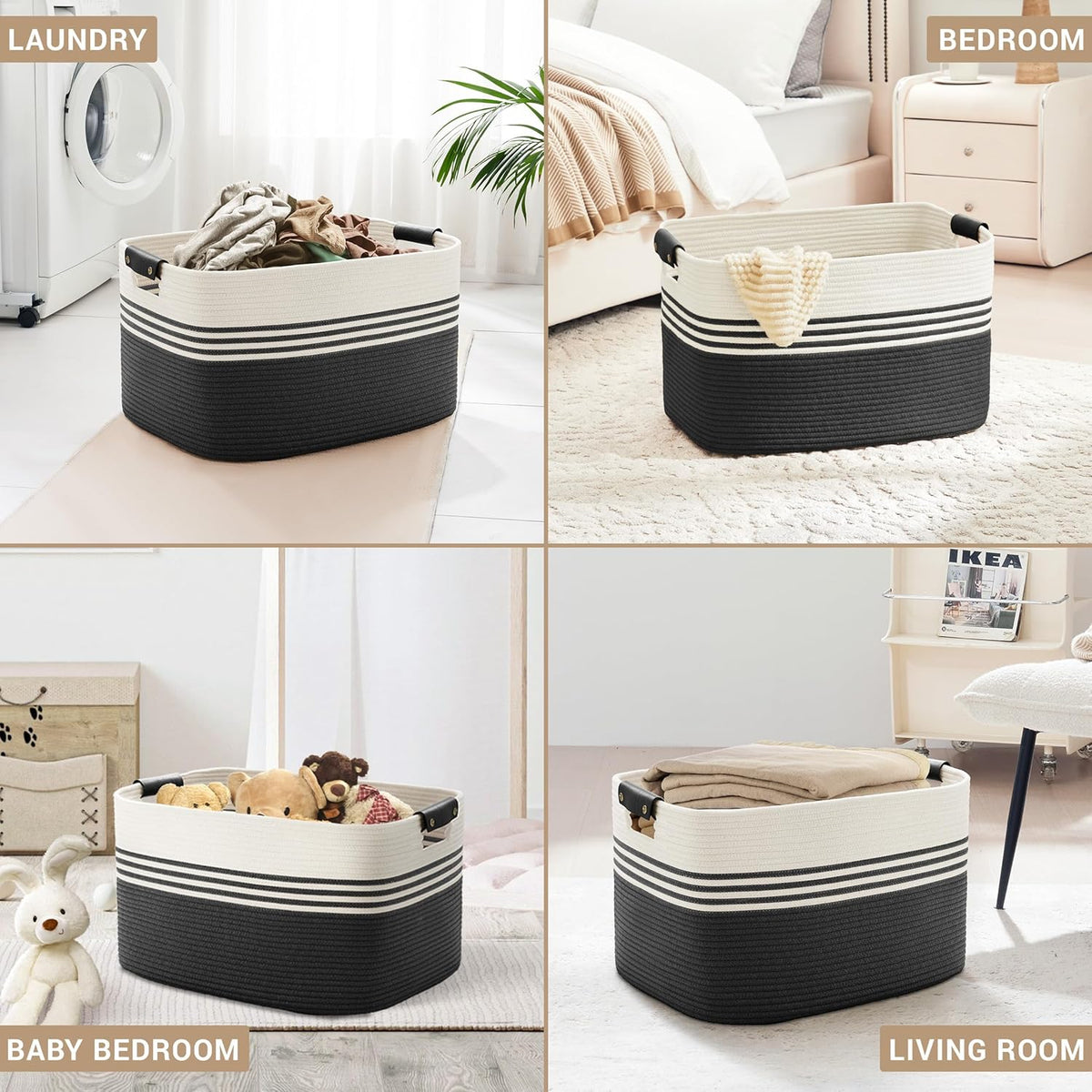 86L Extra Large Laundry Basket with Leather Handles for Living Room Storage, Woven Rope Baskets for