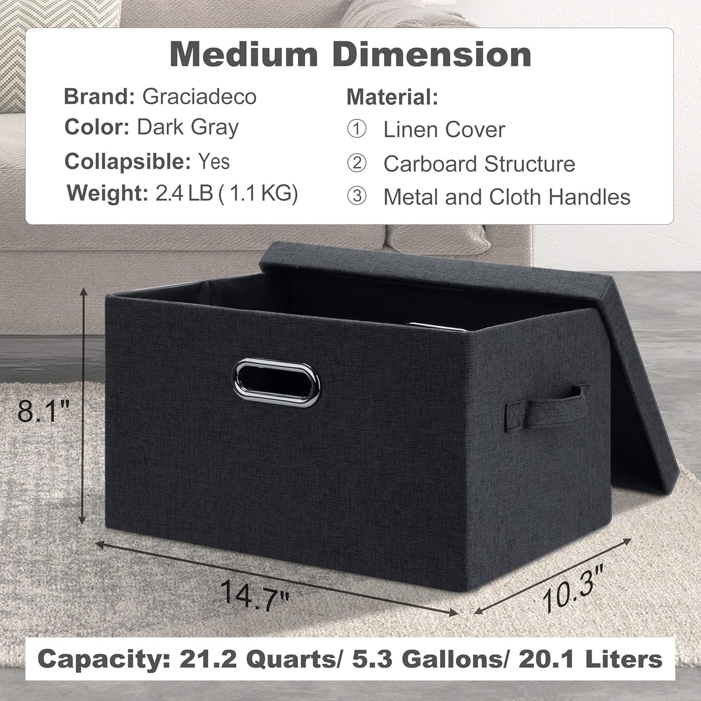 Medium 15" 21 Quart Collapsible Stackable Storage Bins with Lids, 3 Packs Dark Grey Foldable Fabric