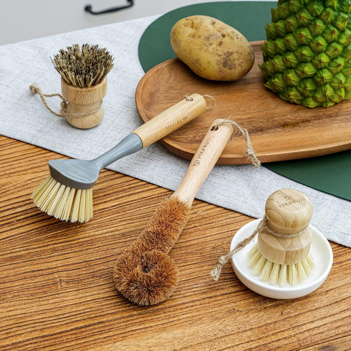 Natural Bamboo Dish Brush Bottle Scrub Brush 4-Piece Set, with Ceramic Soap Dispenser - Wooden