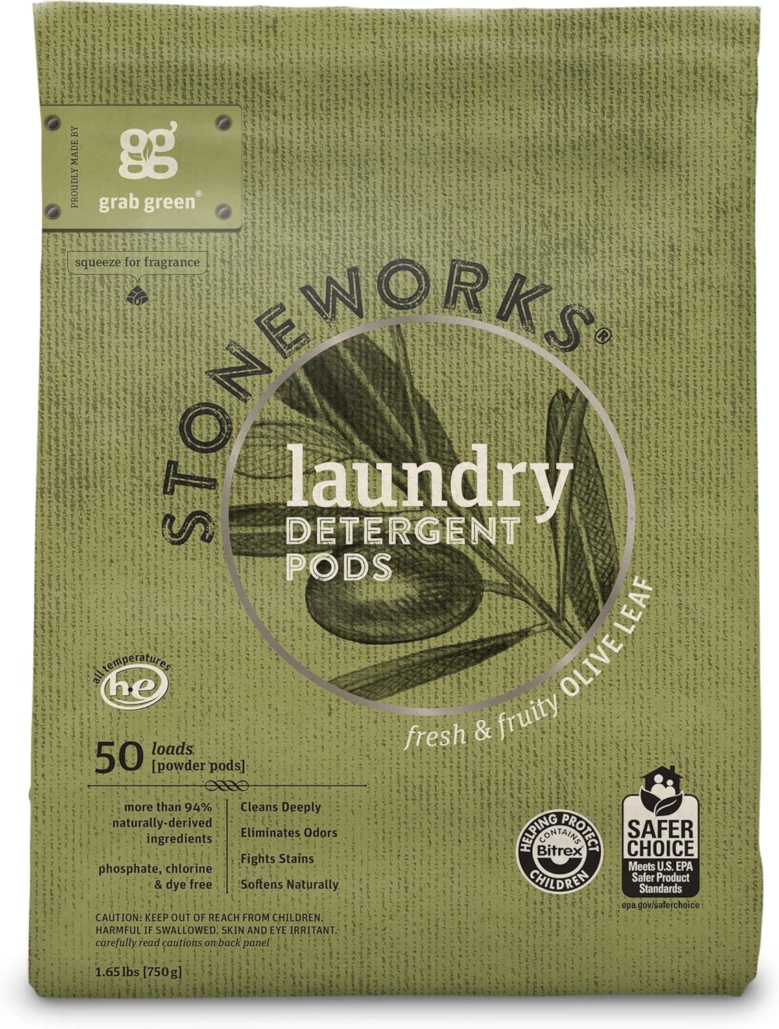 Grab Green Stoneworks Laundry Detergent Pods and Dryer Sheet Bundle, 50 Count Pods and 80 Dryer