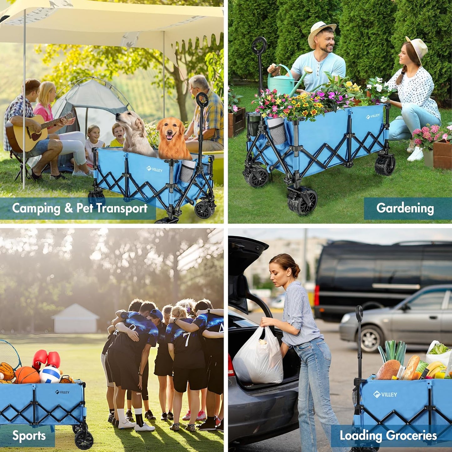 VILLEY Extended Collapsible Foldable Wagon with 330LBS Weight Capacity, 220L Heavy Duty Folding