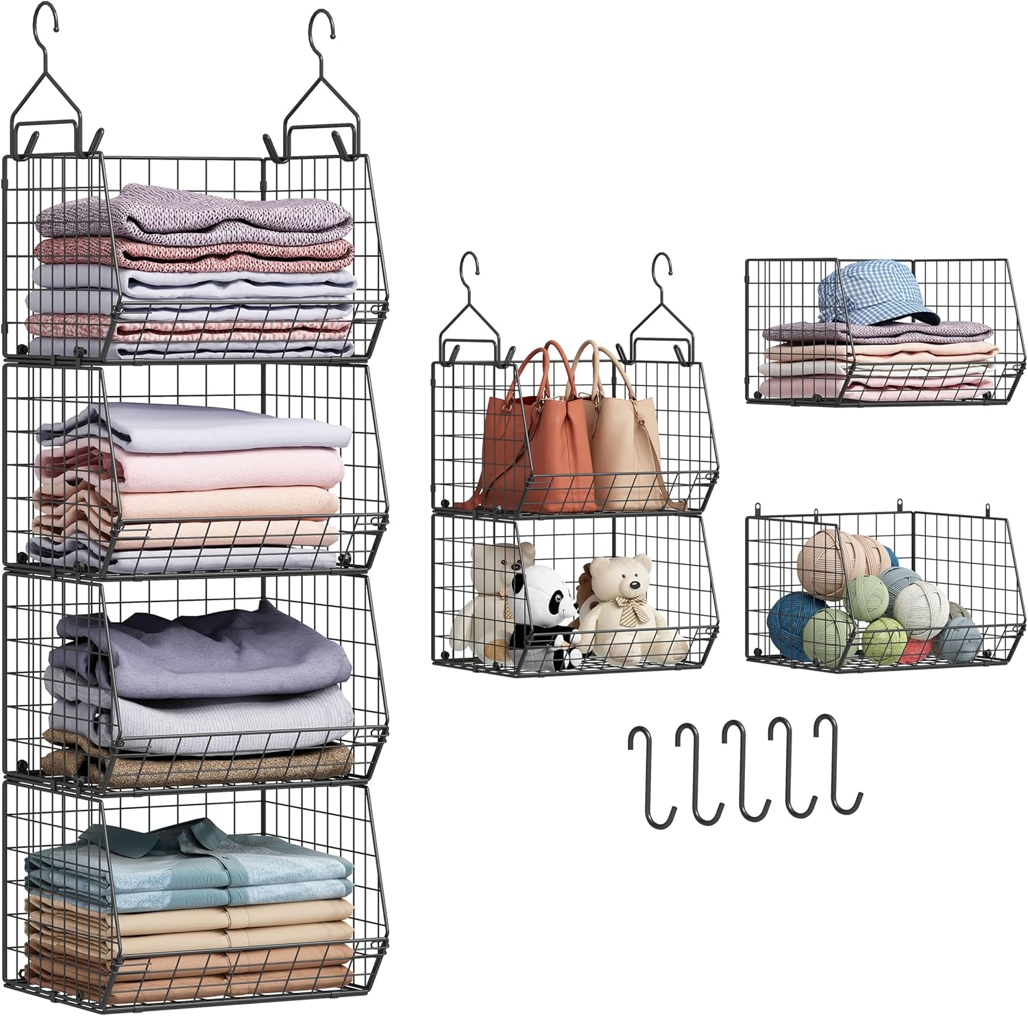 4 Tier Closet Hanging Organizer, Closet Organizers and Storage with 5 S Hooks, Closet Hanging