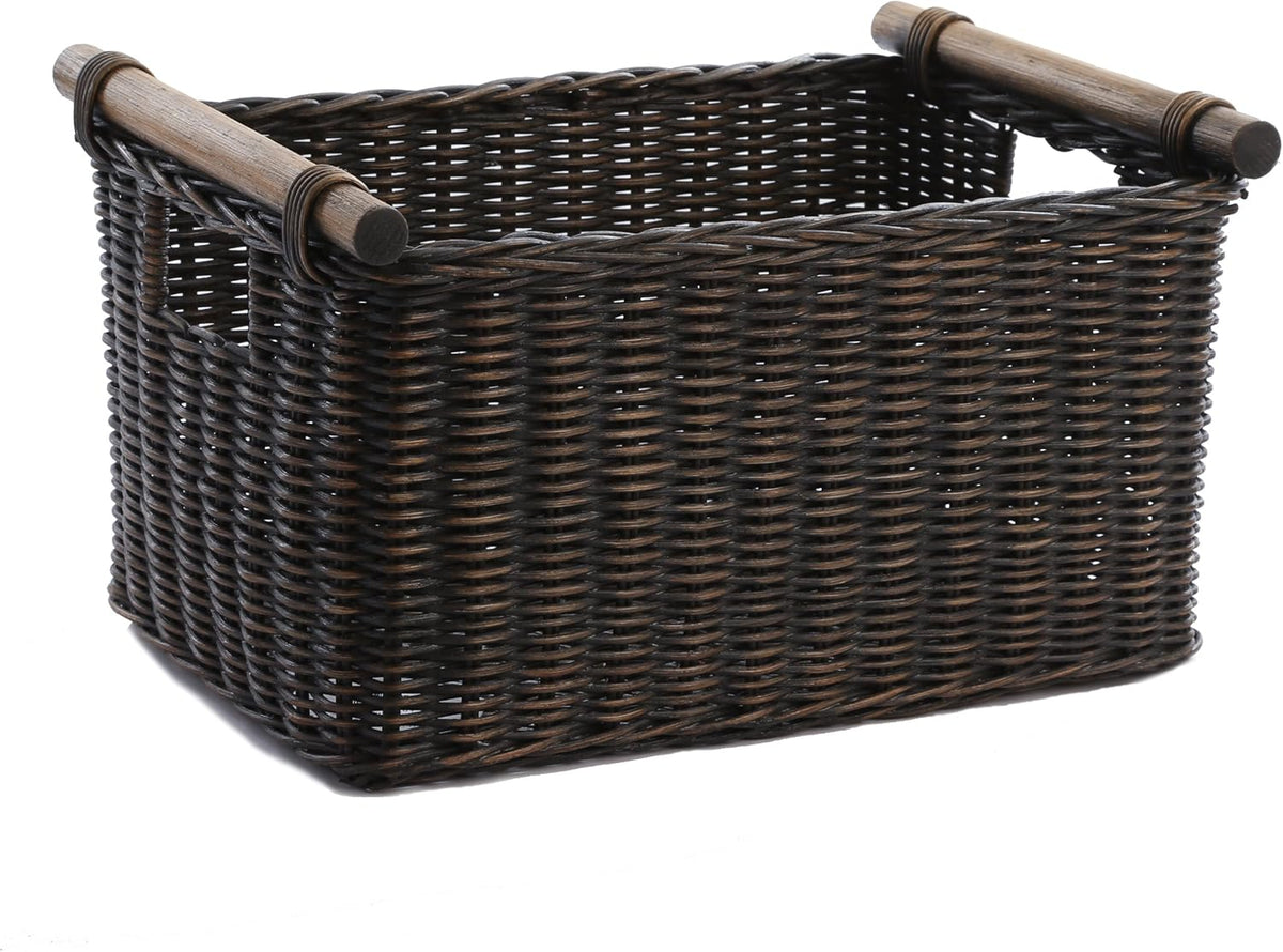 The Basket Lady Pole Handle Wicker Storage Basket, Medium, 16 in L x 12 in W x 8.25 in H, Antique