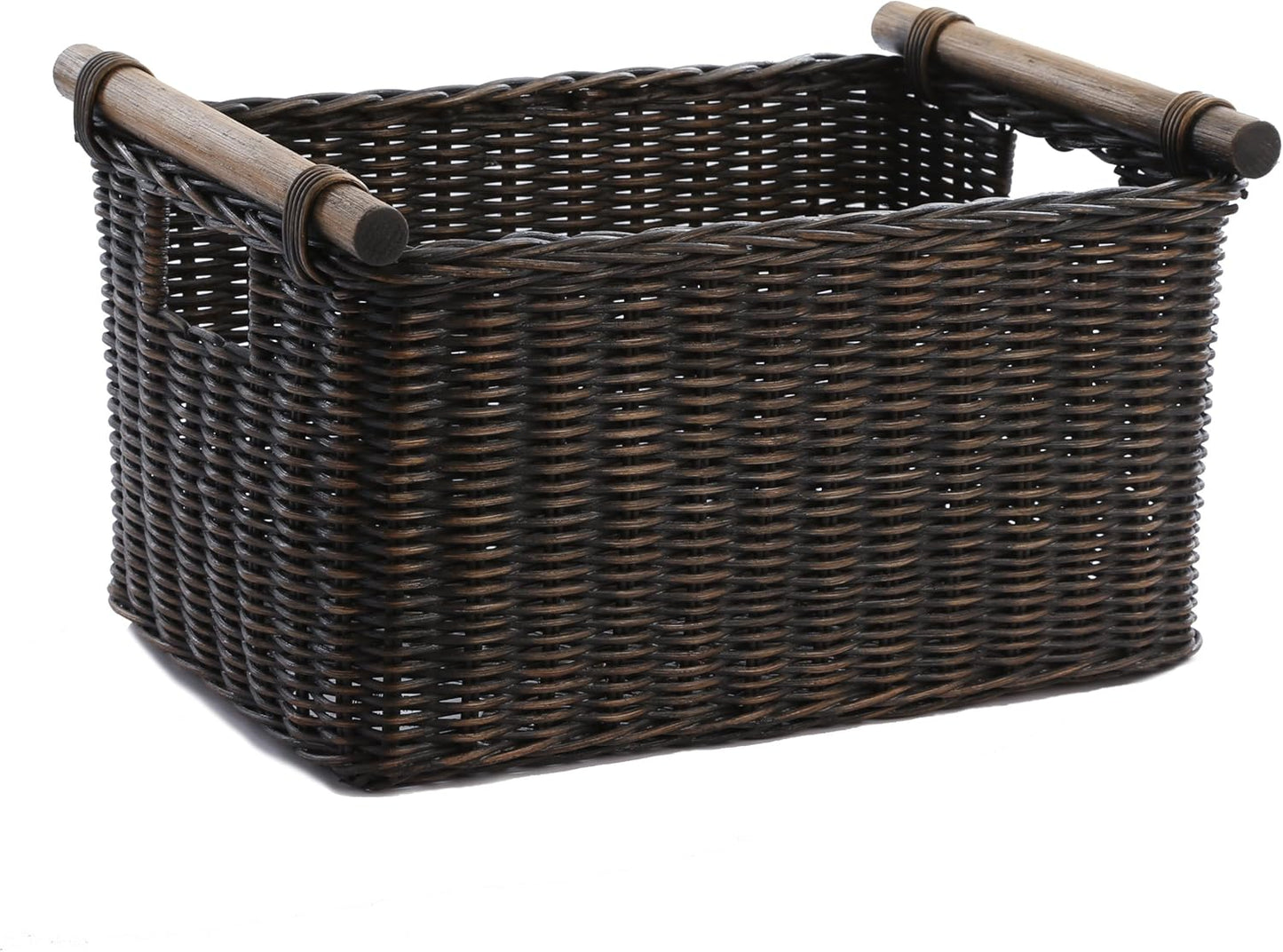 The Basket Lady Pole Handle Wicker Storage Basket, Small, 14 in L x 10 in W x 7.5 in H, Antique