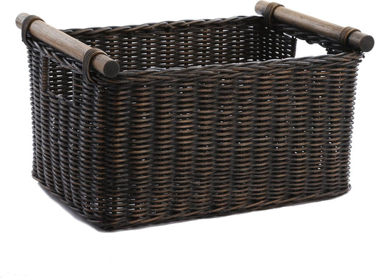 The Basket Lady Pole Handle Wicker Storage Basket, Small, 14 in L x 10 in W x 7.5 in H, Antique