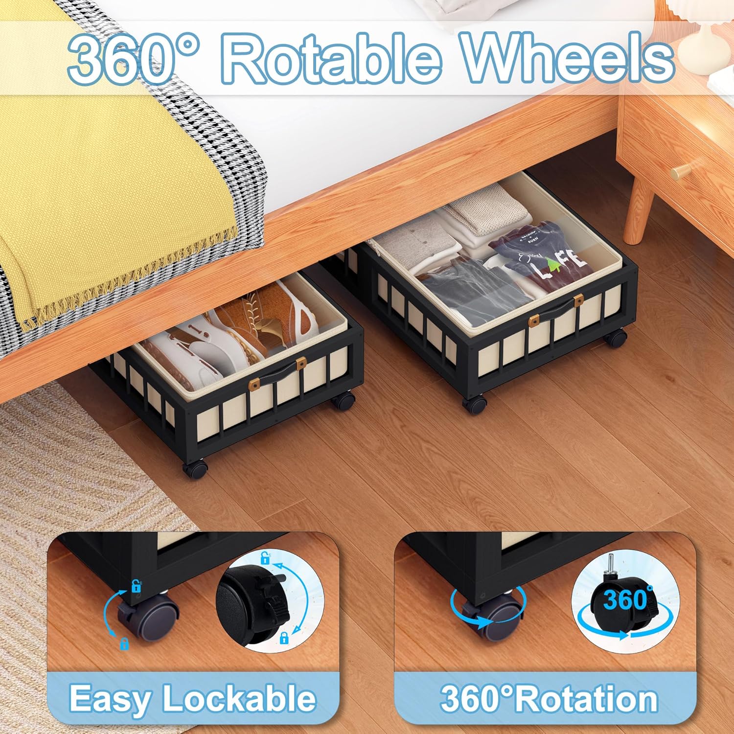 efluky 2-Pack Bamboo Under Bed Storage Containers with Wheels, Under Bed Clothes Storage Basket