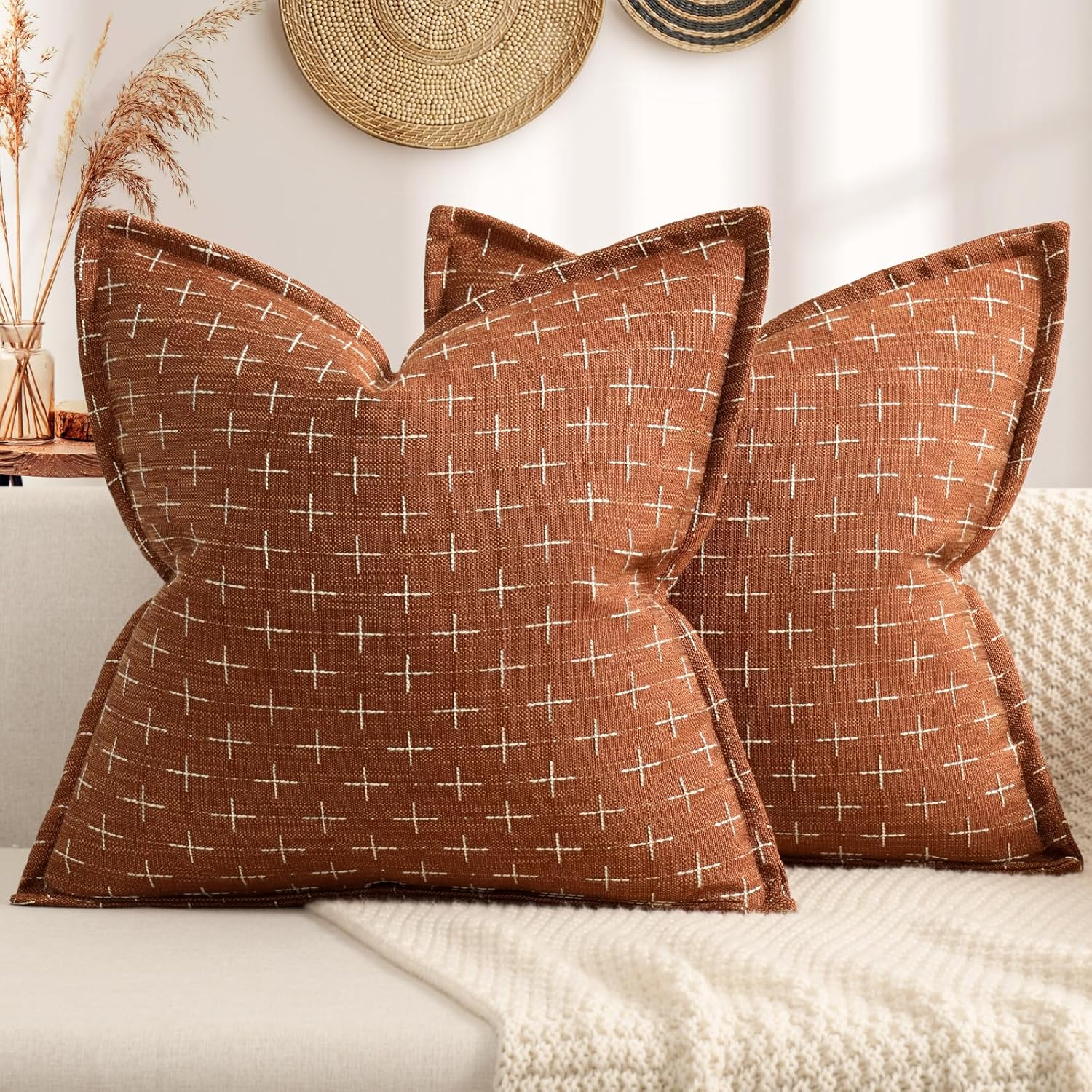 ZWJD Fall Throw Pillow Covers 26x26 Set of 2 Soft Polyester Textured Rust Pillow Covers with