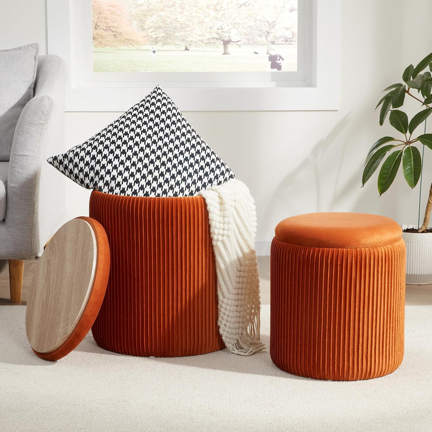 Round Ottoman with Storage Set of 2,Vanity Stool with Storage for Bedroom, Ottoman Coffee