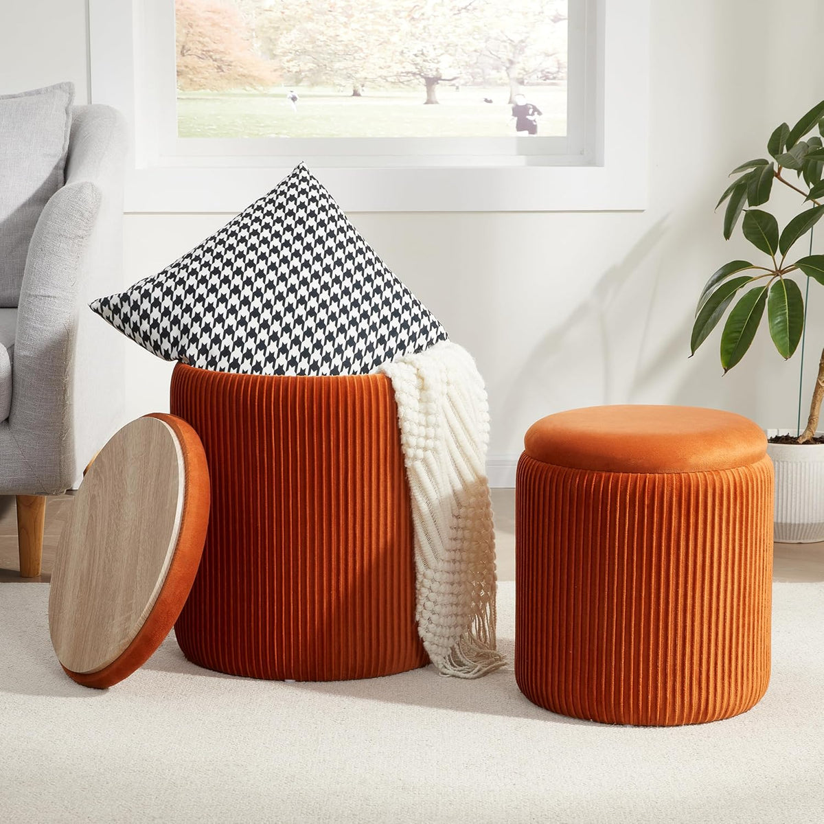 Round Ottoman with Storage Set of 2,Vanity Stool with Storage for Bedroom, Ottoman Coffee