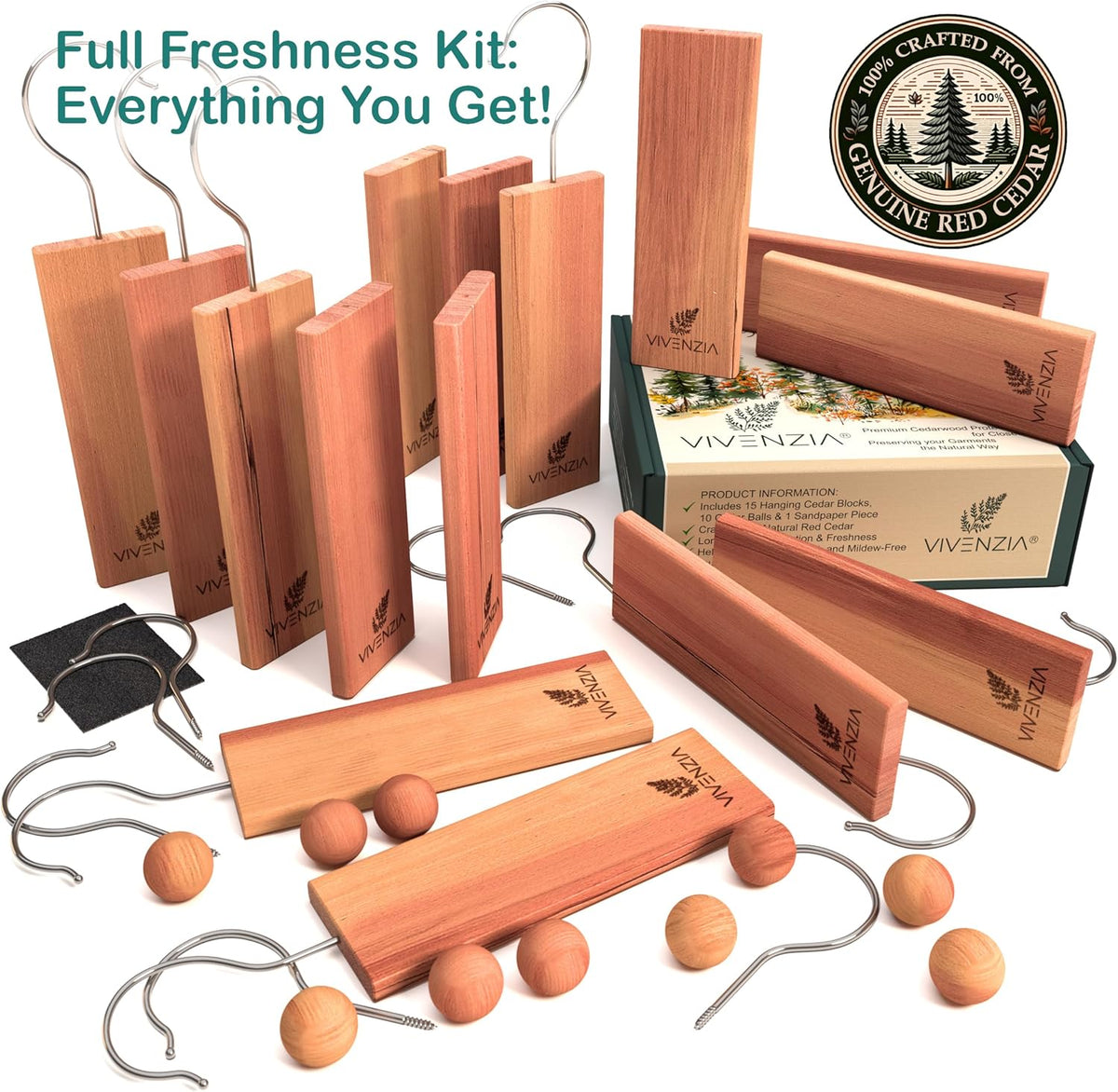Cedar Blocks for Clothes Storage -25 pcs (15 Hang-ups & 10 Balls)- Hanging Cedar Planks, Natural