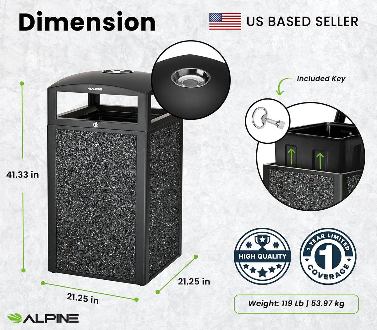 Alpine Outdoor Commercial Trash Can with Lid - 40 Gallon Heavy Duty Metal Garbage Can with