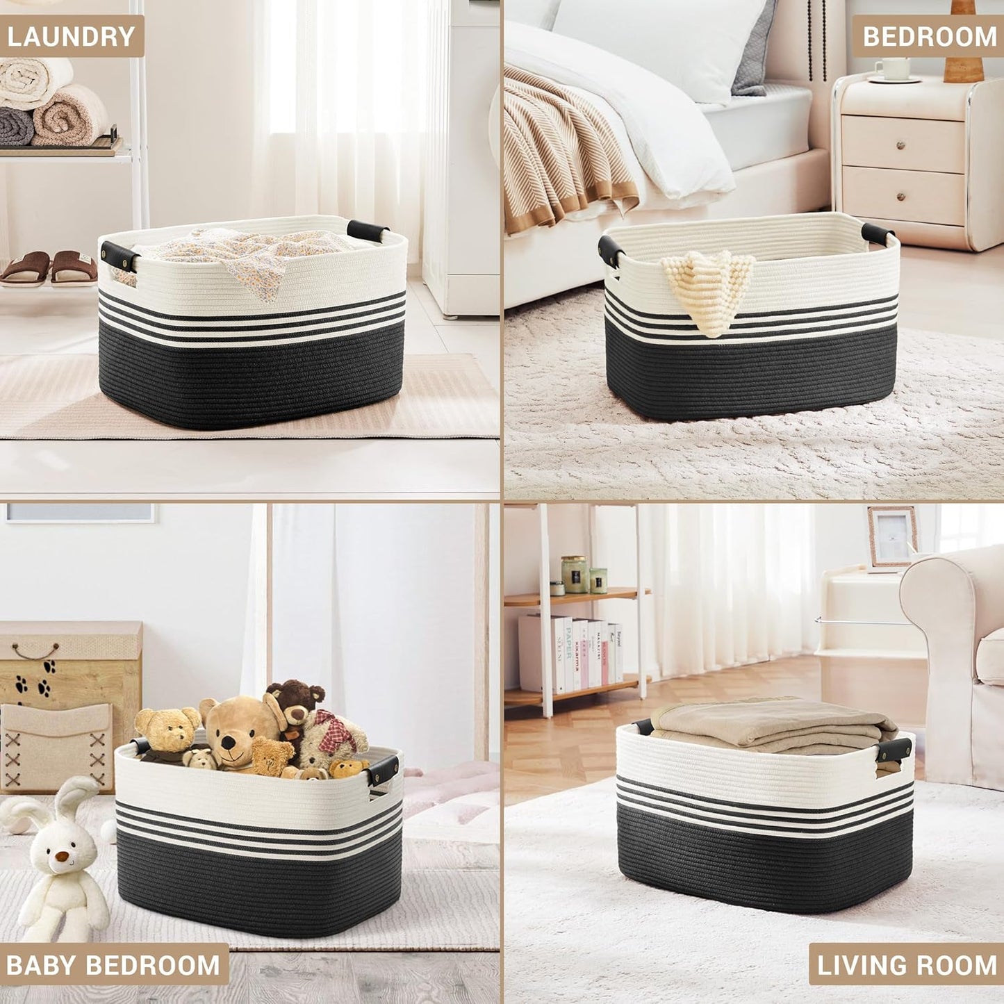 72L Large Laundry Basket with Leather Handles for Living Room Storage, Woven Rope Baskets Bin for