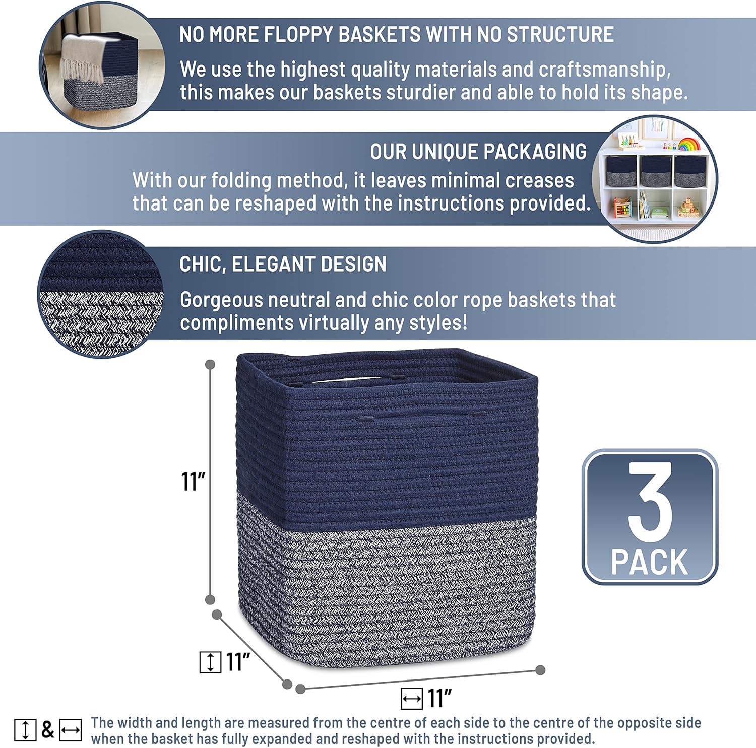NaturalCozy Storage Cubes 11 Inch Cotton Rope Woven Baskets for Organizing, 3-Pack | Cube Storage