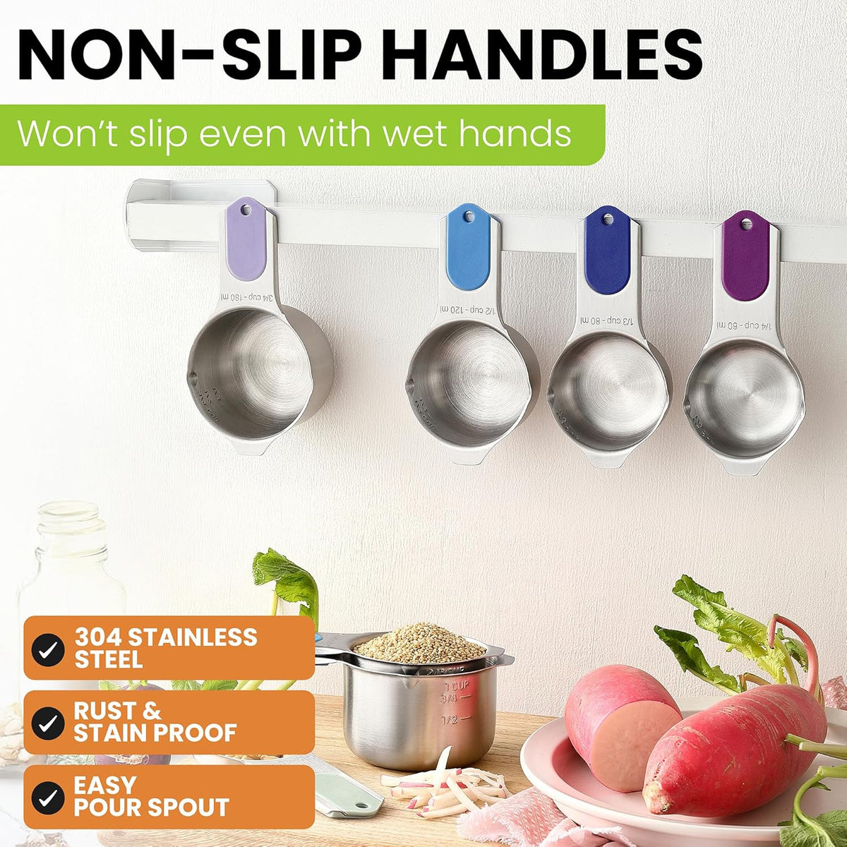 Spring Chef Magnetic Stainless Steel Measuring Cups, Patented, Kitchen Tools with Easy to Read