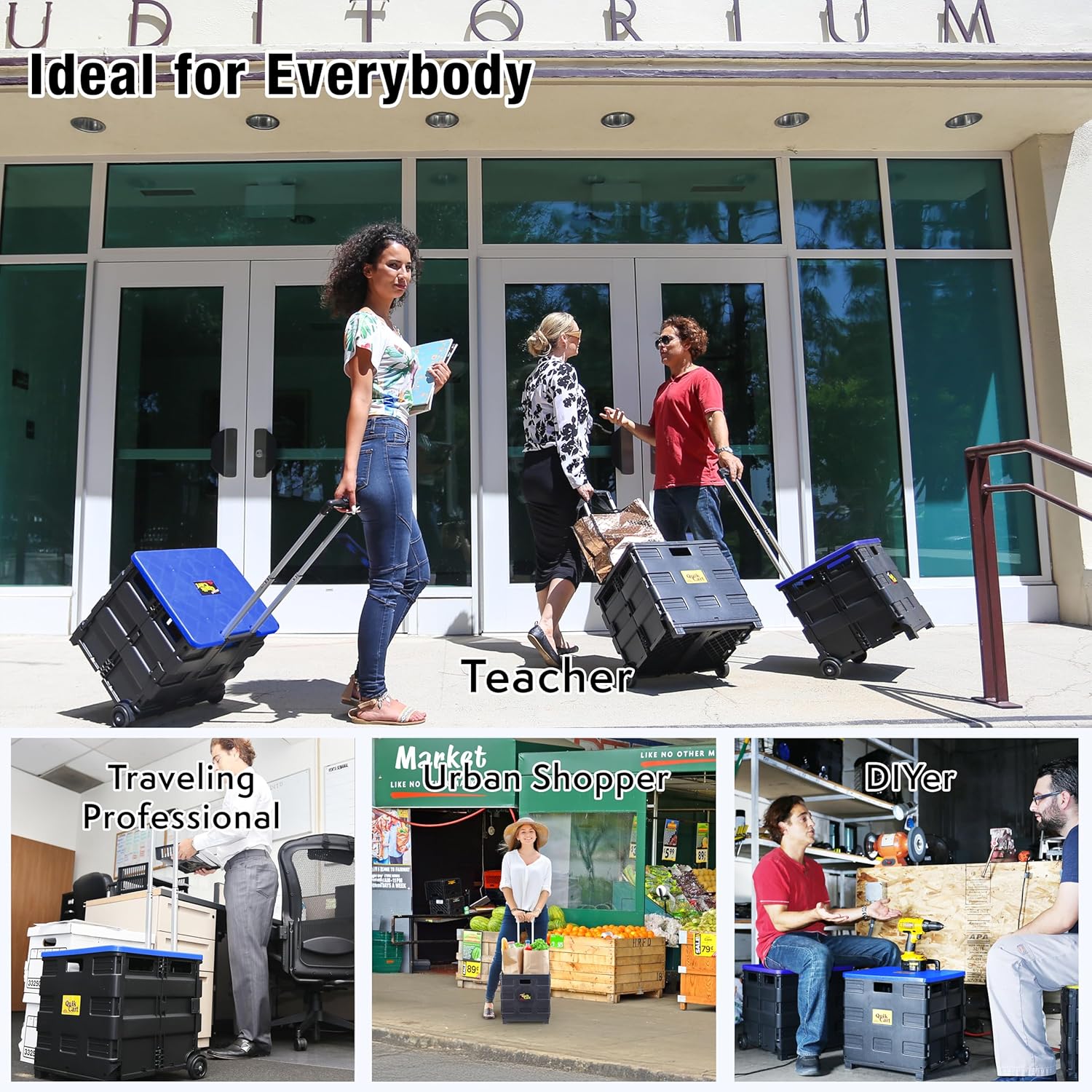 dbest products Quik Cart Collapsible Rolling Crate on Wheels for Teachers Tote Basket, 80 lbs