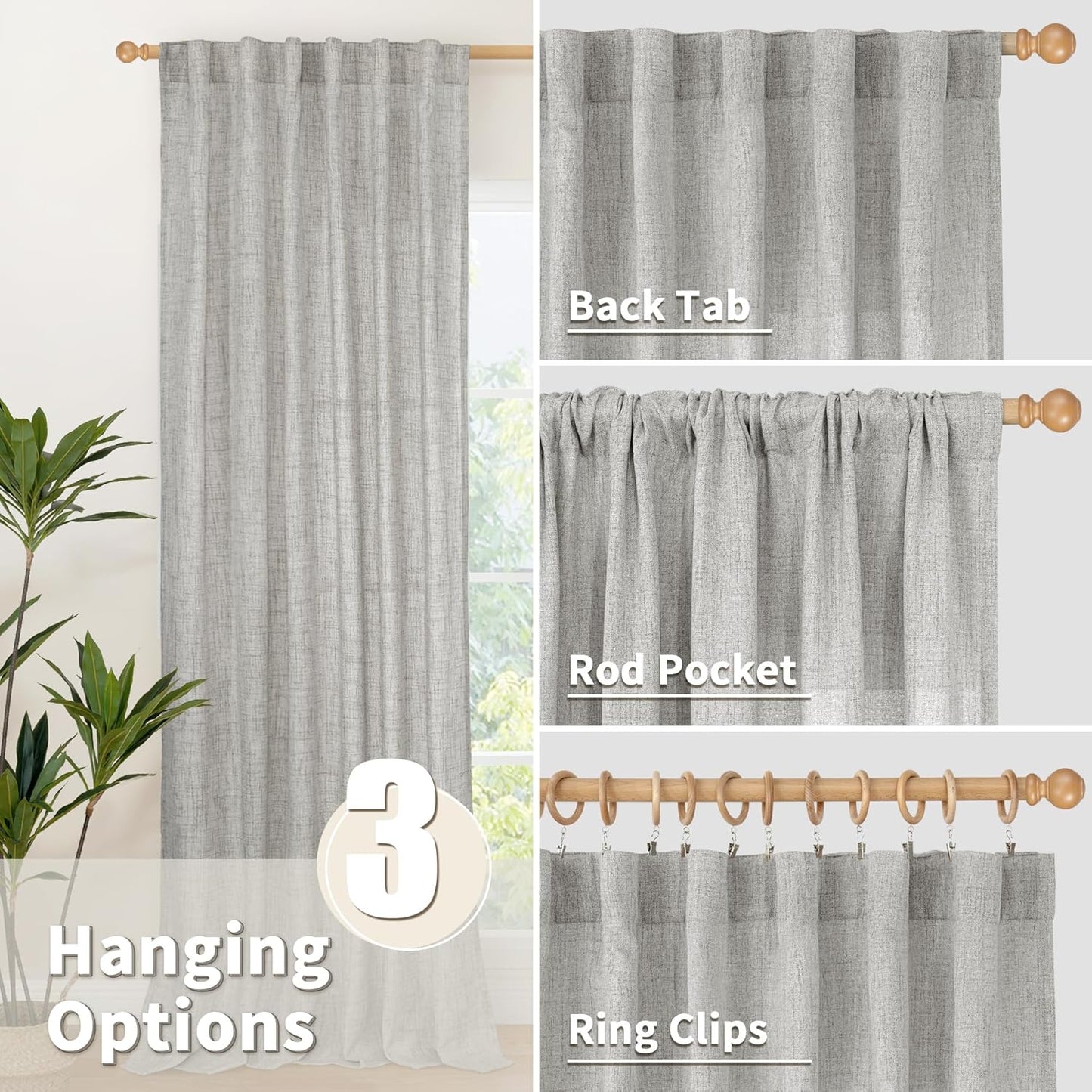 YoungsTex Dark Grey Linen Semi Sheer Curtains 2 Panels for Living Room, Light Filtering Window