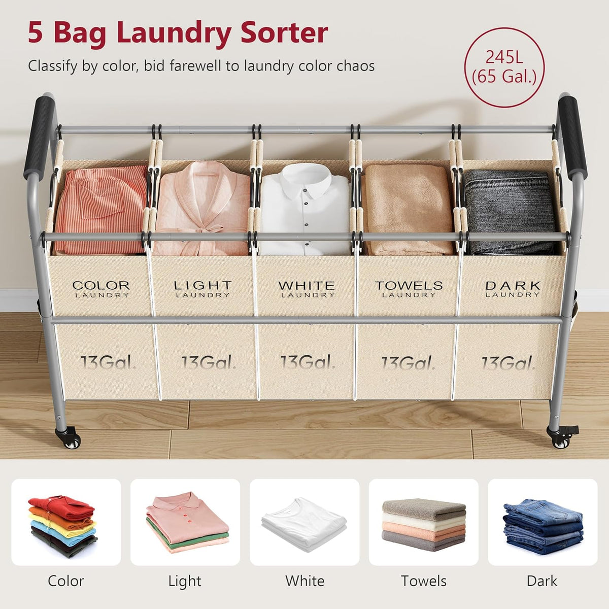 Tajsoon Laundry Sorter 5 Sections, Laundry Hamper with Heavy Duty Lockable Wheels and Removable