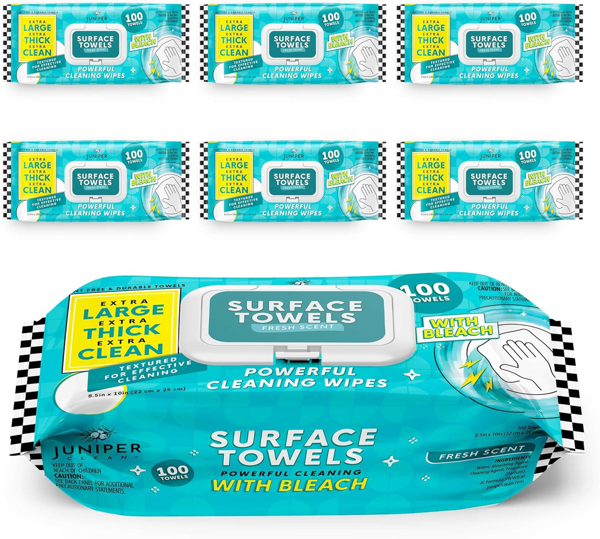 6 Packs Surface Wipes with Bleach, Thick & Large Dispose, All-Purpose Cleaner for Bathroom