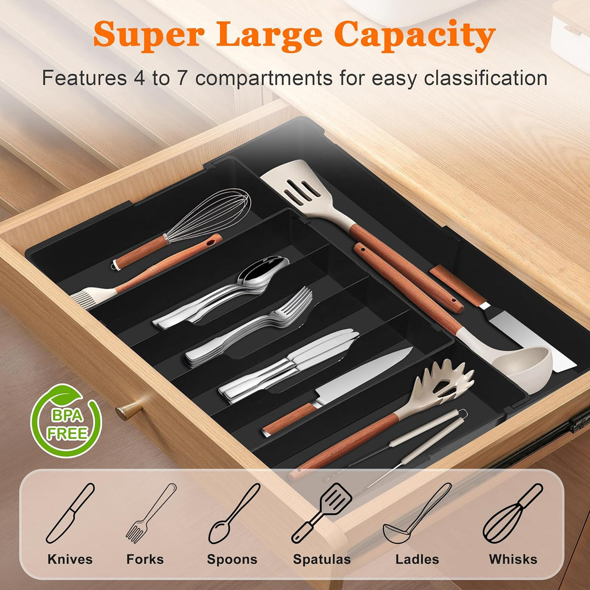 Expandable Large Silverware Organizer - BPA-Free Food-Safe Utensil Drawer Organizer Adjustable