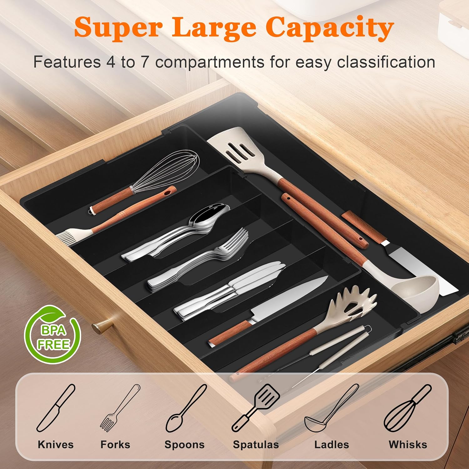 Expandable Large Silverware Organizer - BPA-Free Food-Safe Utensil Drawer Organizer Adjustable