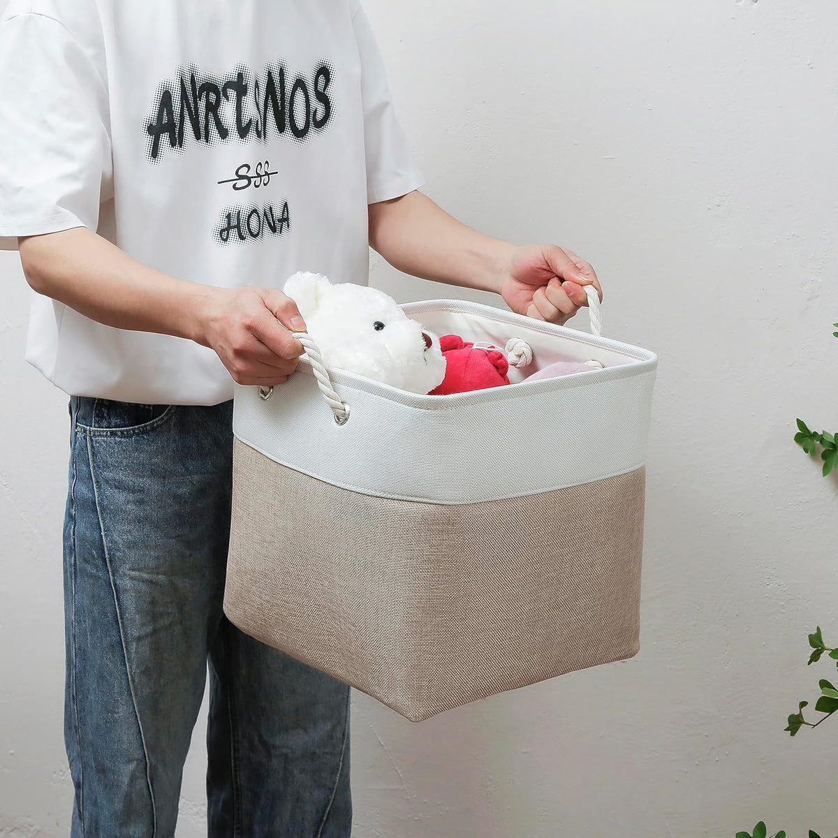 13 x 13 Inch Cube Storage Bins, 4 Pack Large Collapsible Fabric Storage Bin with Ropes, Foldable