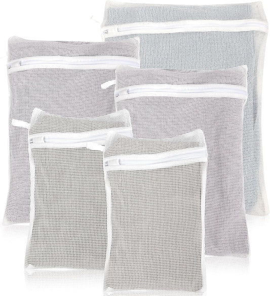 5-Piece Organic Cotton Laundry Bags with Zipper and Hanging Loop, 3 Sizes (S, M, L) Mesh Laundry
