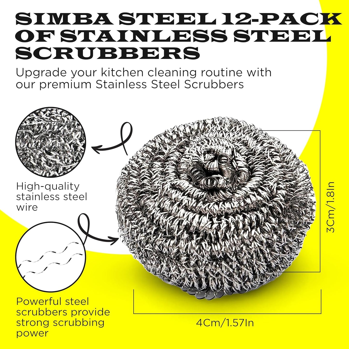 12Pcs Simba Stainless Steel Wool Scrubber Pads for Cleaning Pans, Pots, Dishes, Ovens, Grills