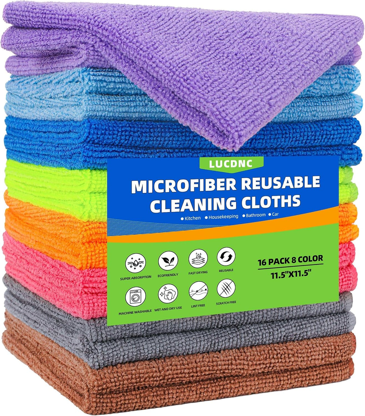 Microfiber Cleaning Cloths 16 Pack 8 Color Cleaning Rags for Housekeeping Home Kitchen Bathroom