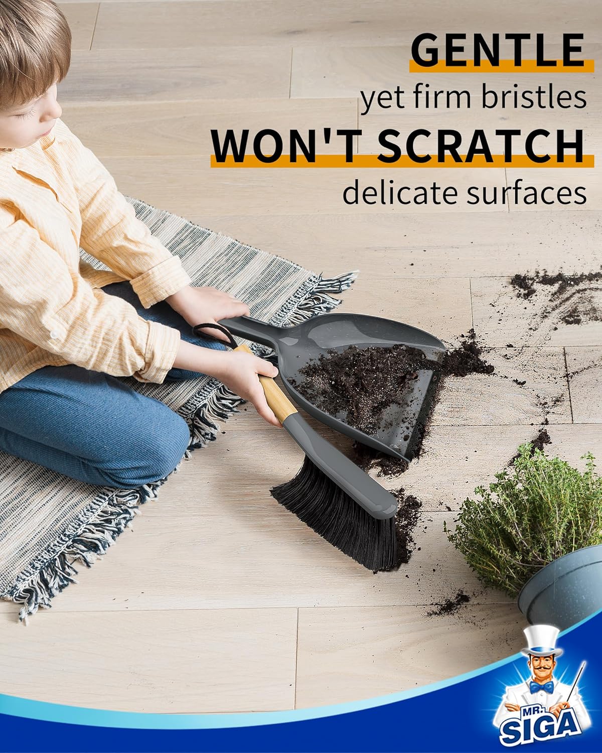 MR.SIGA Dustpan and Brush Set, Portable Cleaning Brush and Dustpan Combo with Bamboo Handle, Gray