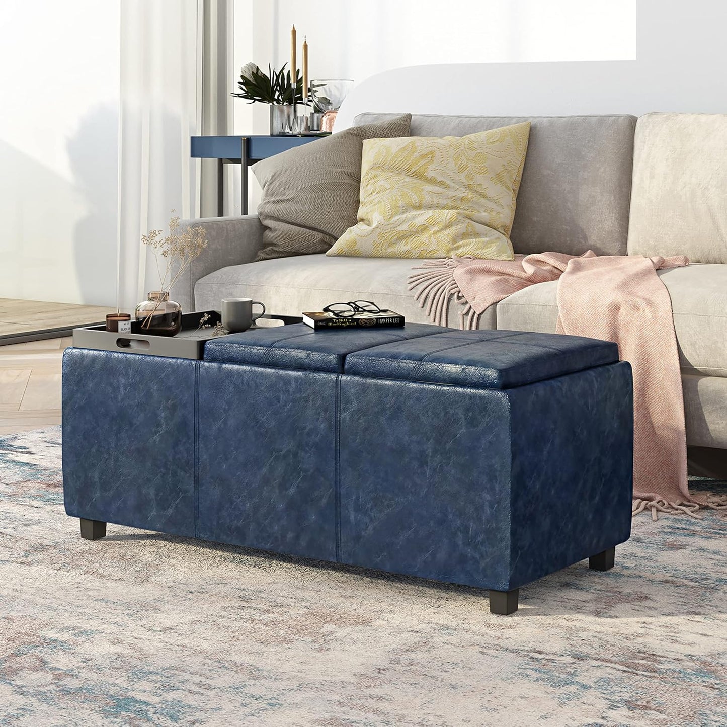 SIMPLIHOME Avalon 42 inch Wide Contemporary Rectangle Storage Ottoman in Denim Blue Vegan Faux