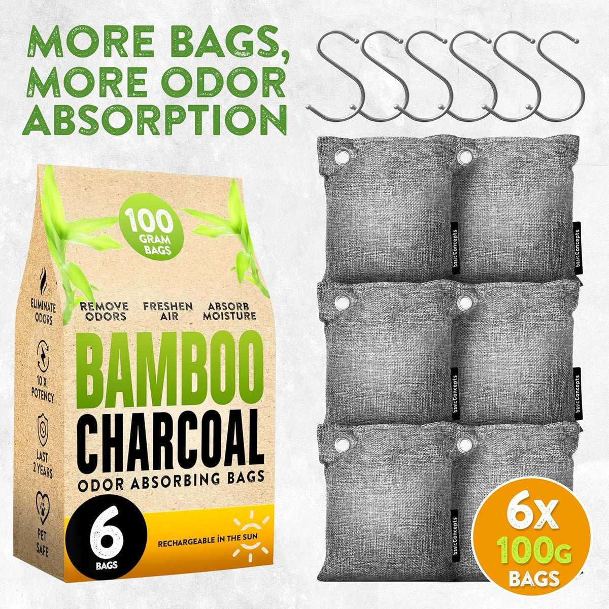 Charcoal Odor Absorber for Strong Odor (6 Pack, 100g each), Bamboo Charcoal Air Purifying Bag