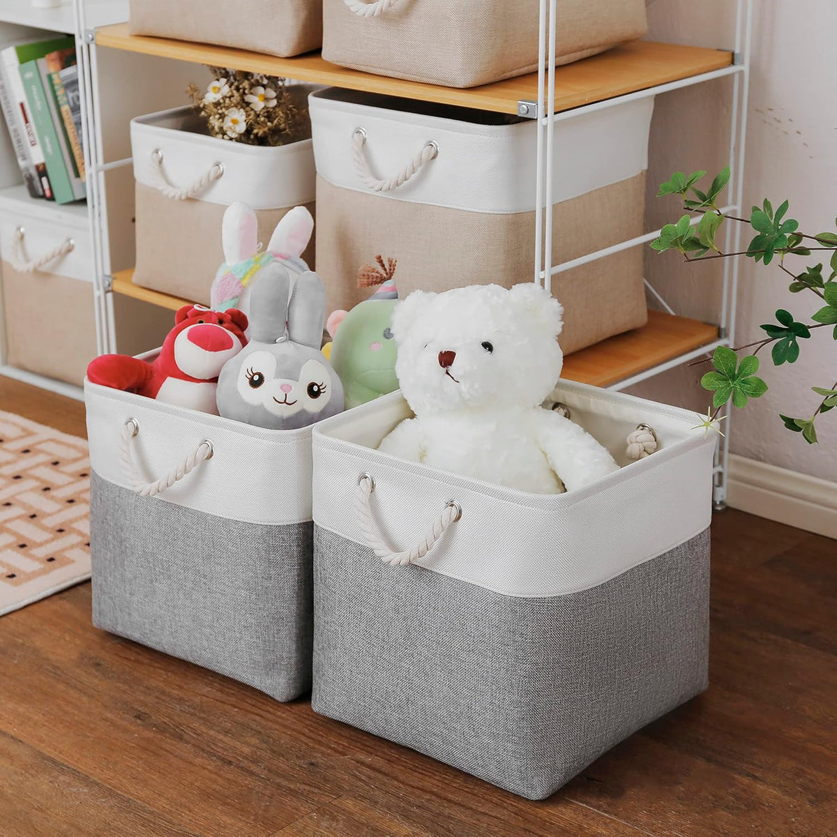 13 x 13 Inch Cube Storage Bins, 4 Pack Large Collapsible Fabric Storage Bin with Ropes, Foldable