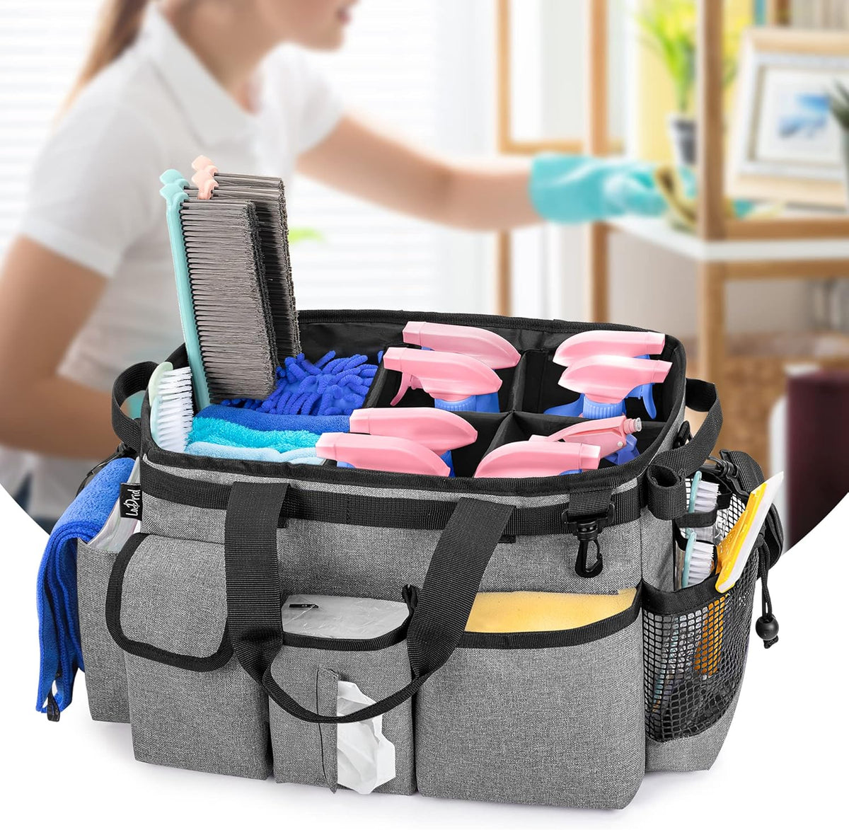 LoDrid Large Wearable Cleaning Caddy Bag with Detachable Divider, Cleaning Organizer with Handles