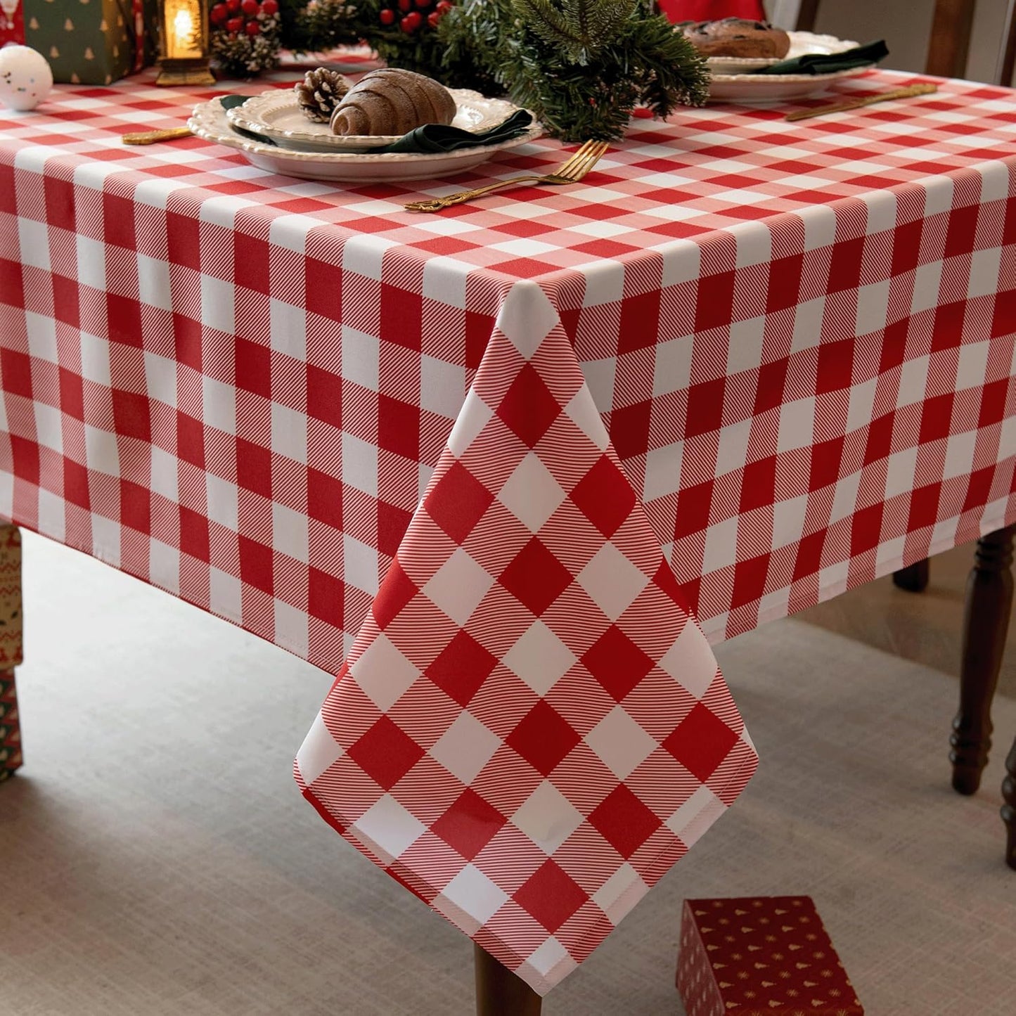 Classic Gingham Tablecloth Fabric - Oblong 58x120 Water Resistant Chequered Pattern Table Cloth for