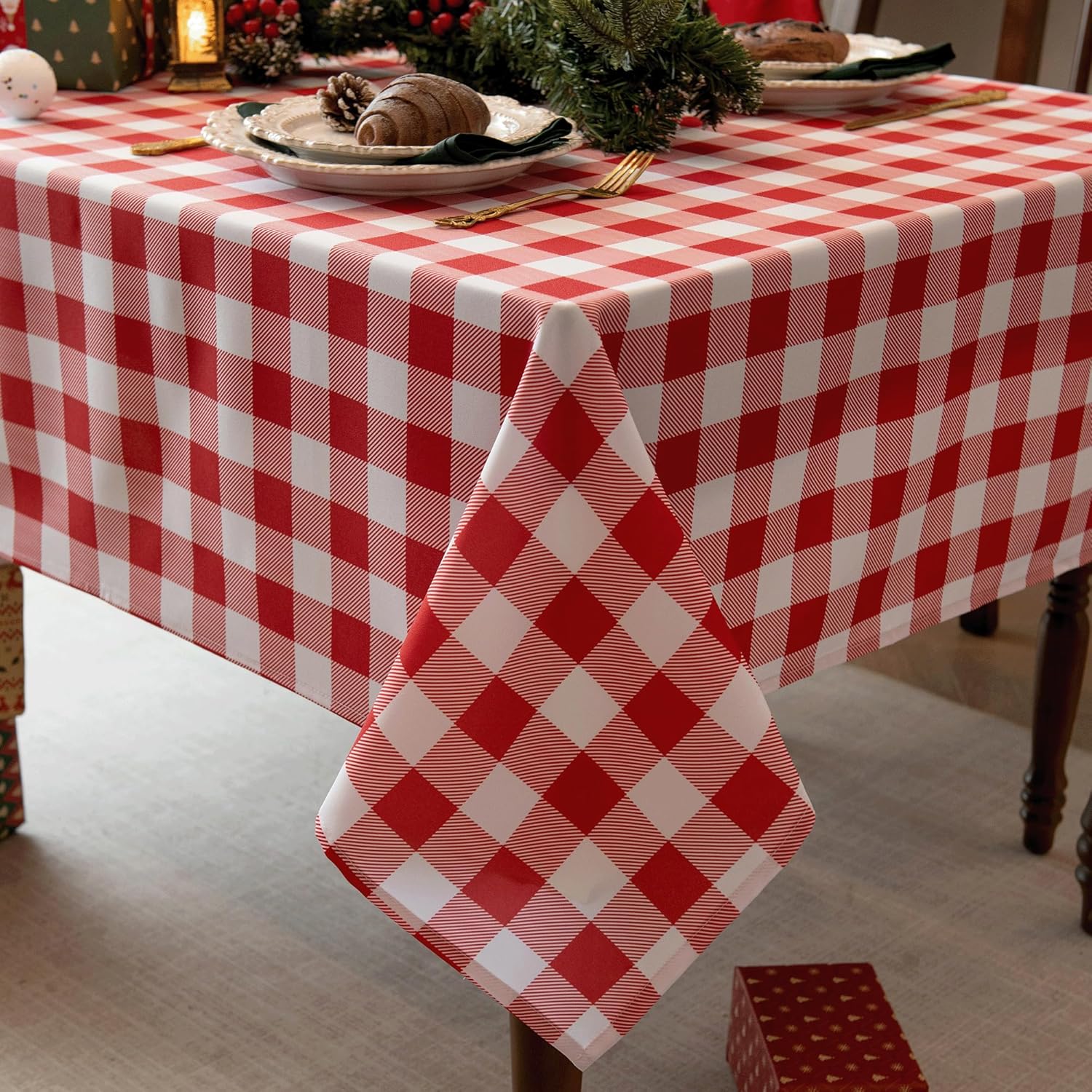Classic Gingham Tablecloth Fabric - Oblong 58x120 Water Resistant Chequered Pattern Table Cloth for