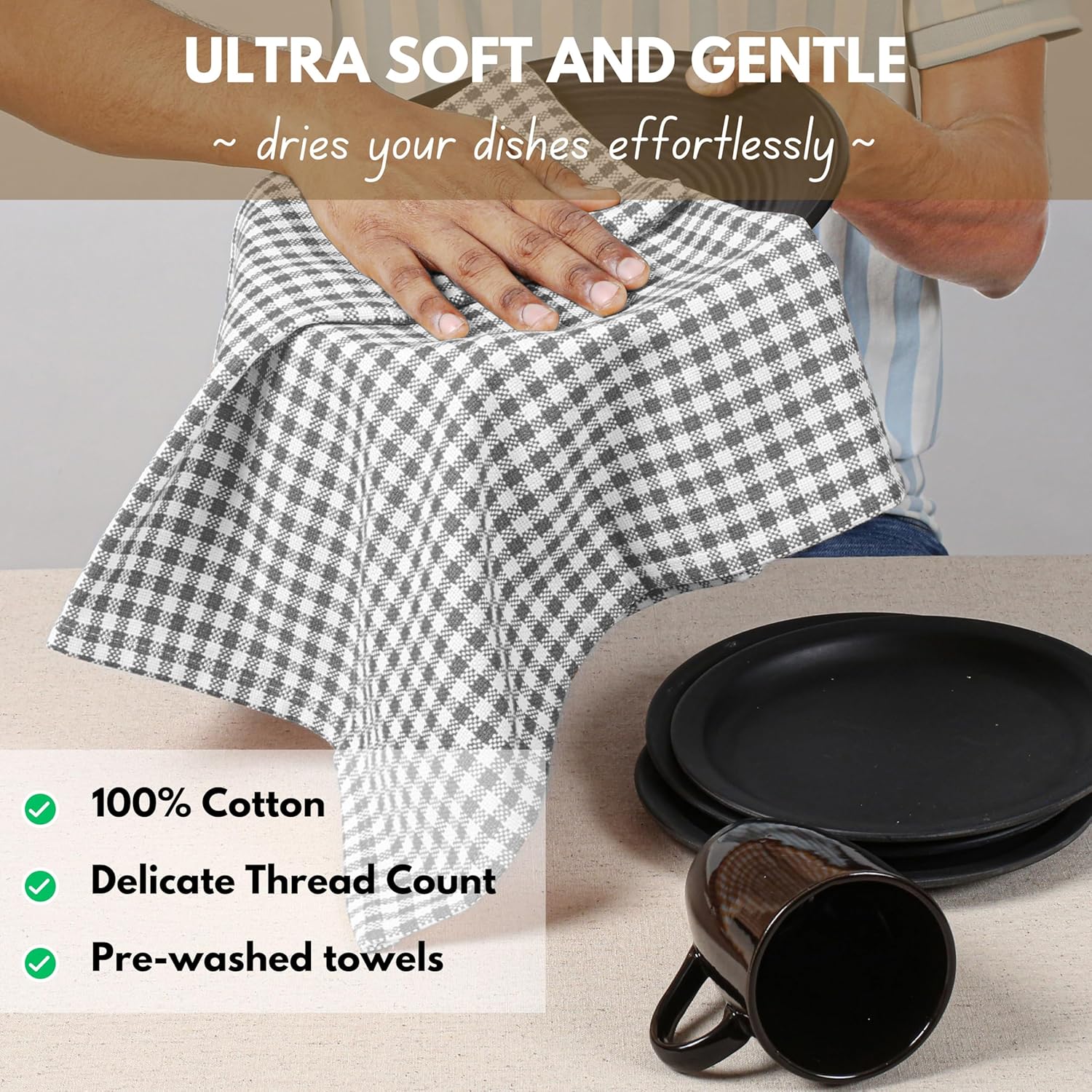 Native Fab 4 Pack Gingham Plaid Kitchen Towels 16"x26" - 100% Cotton Absorbent Washable Tea Towels