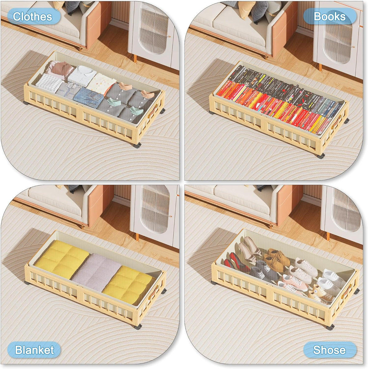 efluky 2-Pack Bamboo Under Bed Storage with Wheels, Rolling UnderBed Storage Basket with Large Dust