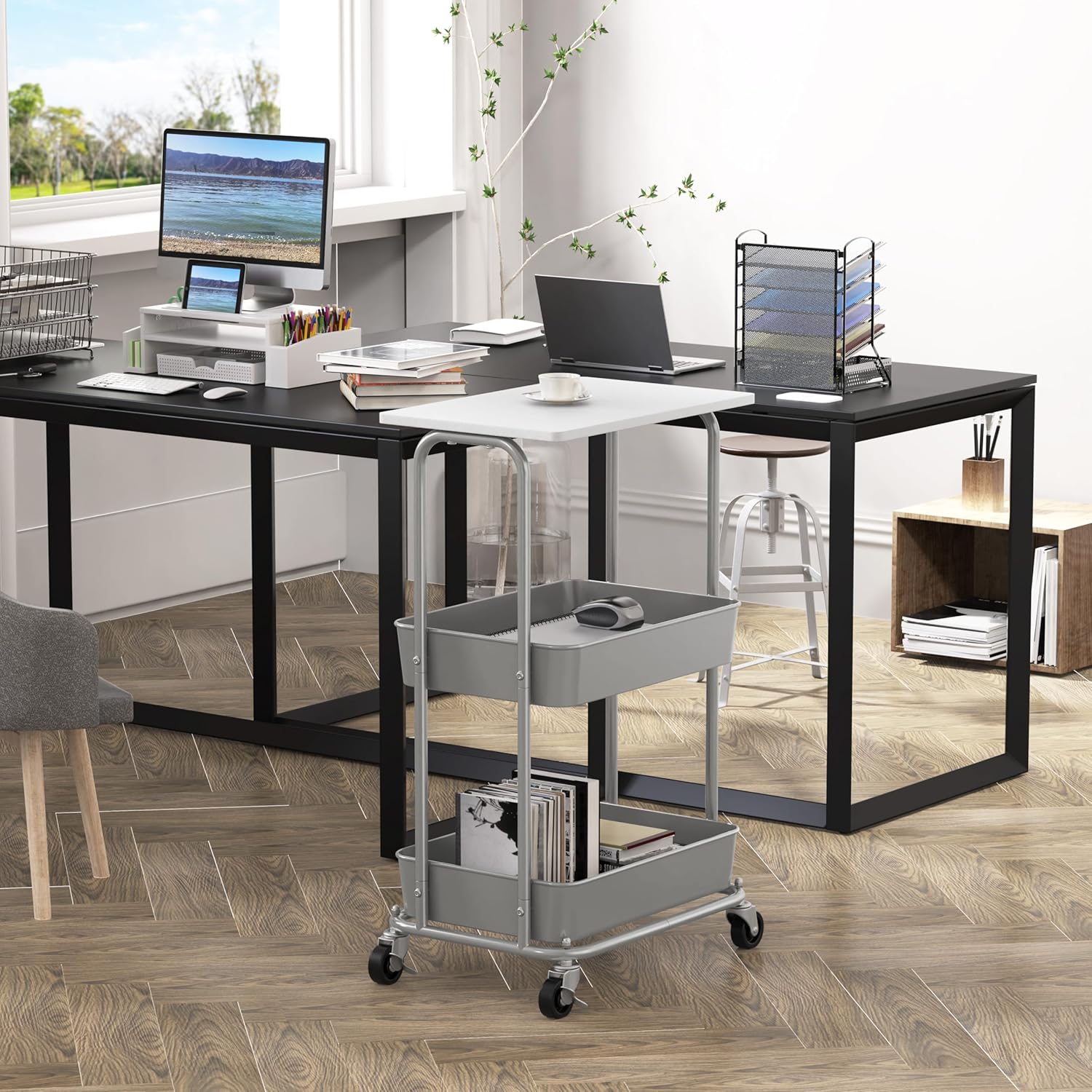 Simple Houseware 2-Tier Rolling Utility Cart with Lockable Wheels and Wood Top, Metal Storage