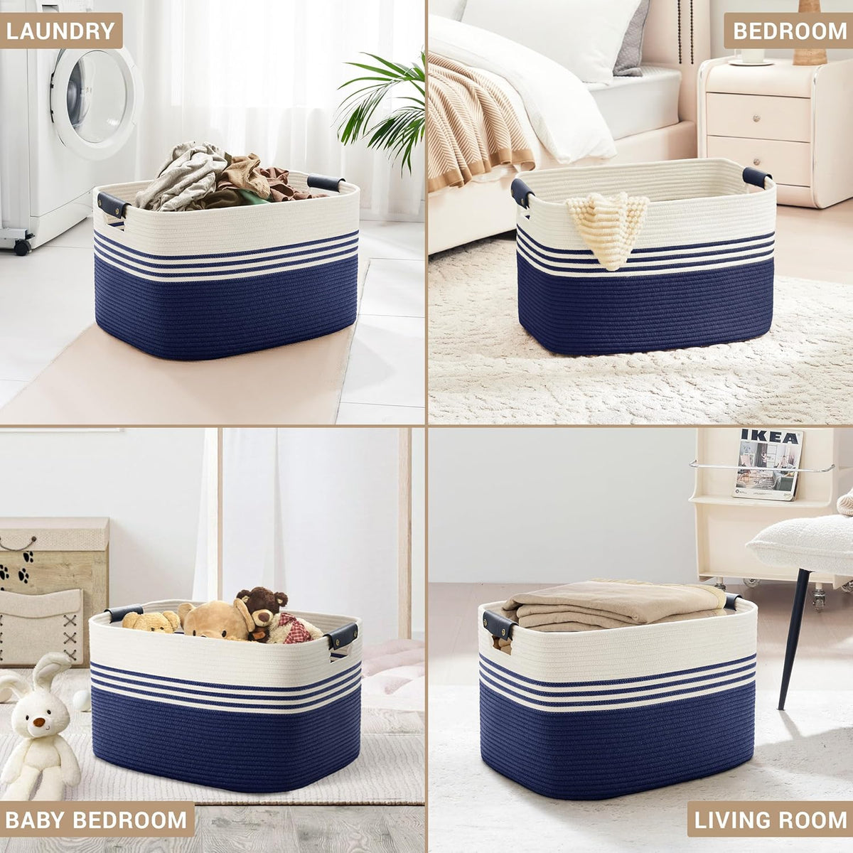 86L Extra Large Laundry Basket with Leather Handles for Living Room Storage, Woven Rope Baskets for