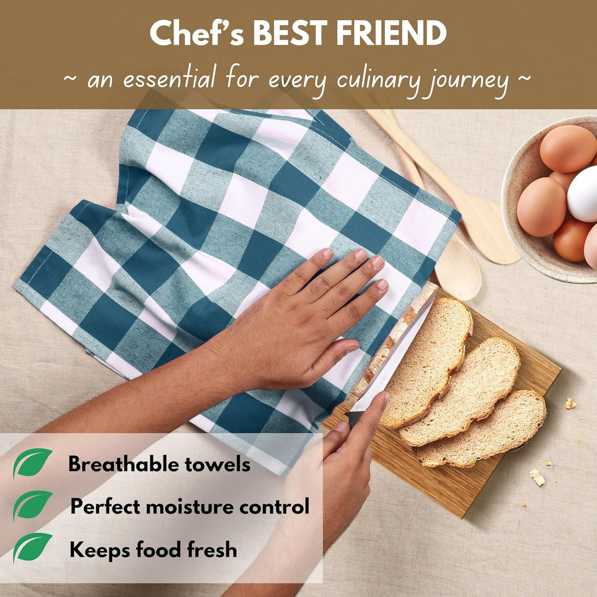 Native Fab 6-Pack Kitchen Towel with Hanging Loop 16x26 inches, Cotton Buffalo Check Kitchen Towels