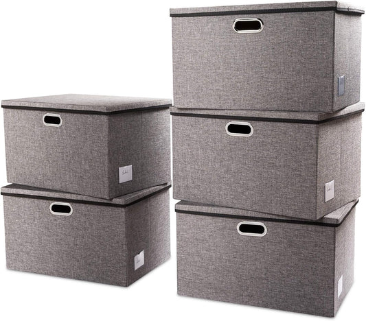 PRANDOM Extra Large Collapsible Storage Bins with Lids [5-Pack] Linen Fabric Foldable Storage