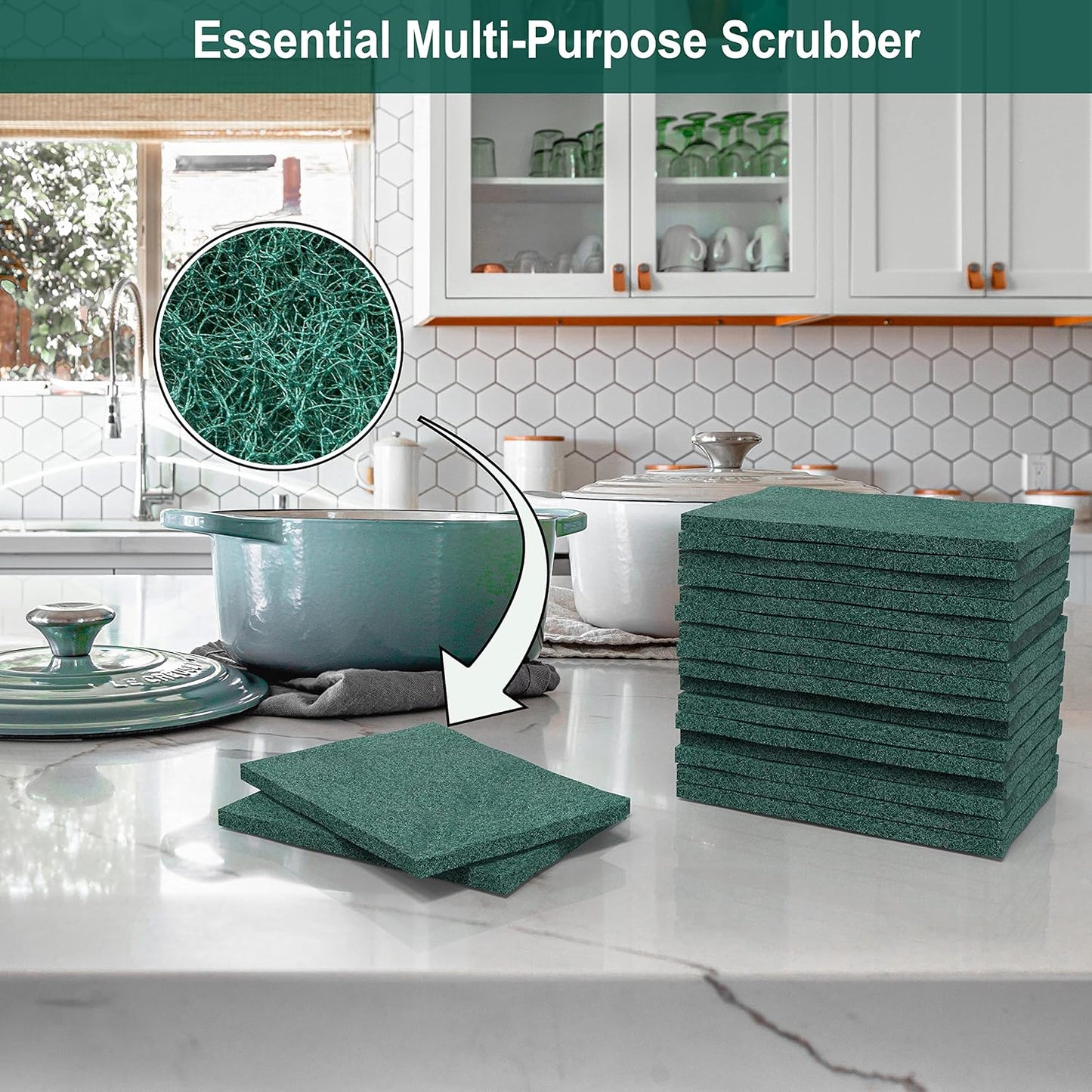 100 Pack Green Scouring Pads 3x4 Inch – Heavy Duty, Non Scratch Scrub Pads Bulk for Kitchen