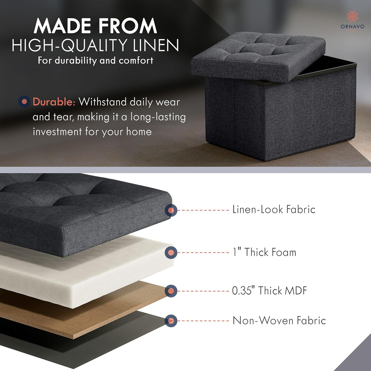 Ornavo Home Small Storage Ottoman Foldable Collapsible Rectangle Linen Ottoman Foot Rest Stool